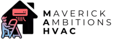 Logo of Maverick Ambitions HVAC featuring a house icon with HVAC equipment and a technician, representing expert ductwork design and installation services for commercial buildings in Newark and Central New Jersey.
