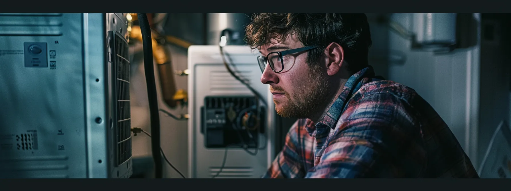 a homeowner staring at a malfunctioning, noisy furnace with frustration as they try to troubleshoot common winter hvac issues. a homeowner staring at a malfunctioning, noisy furnace with frustration as they try to troubleshoot common winter hvac issues.