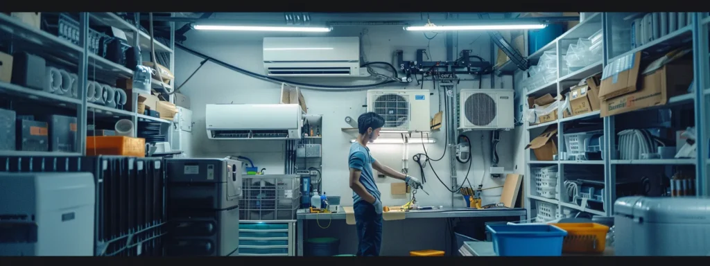 HVAC technician inspecting air conditioning units in a service workshop, surrounded by tools and equipment, emphasizing the importance of regular maintenance for energy efficiency and system longevity.