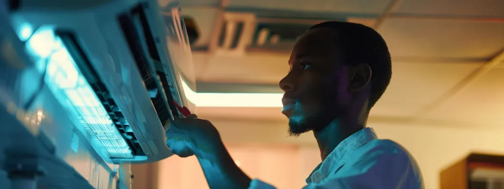 Technician performing maintenance on an air conditioning unit, highlighting HVAC service expertise relevant to AC tune-ups in Newark, NJ.