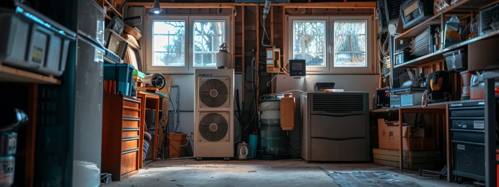 Modern AC unit in a garage setting, showcasing air conditioning systems and maintenance tools, relevant to HVAC service discussions in Newark.