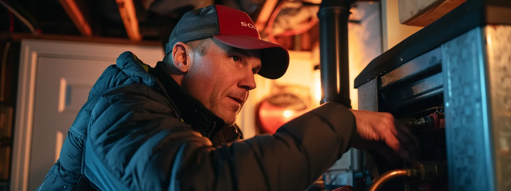 a skilled hvac technician inspecting a well-maintained heating system in a cozy new jersey home during winter. a skilled hvac technician inspecting a well-maintained heating system in a cozy new jersey home during winter.