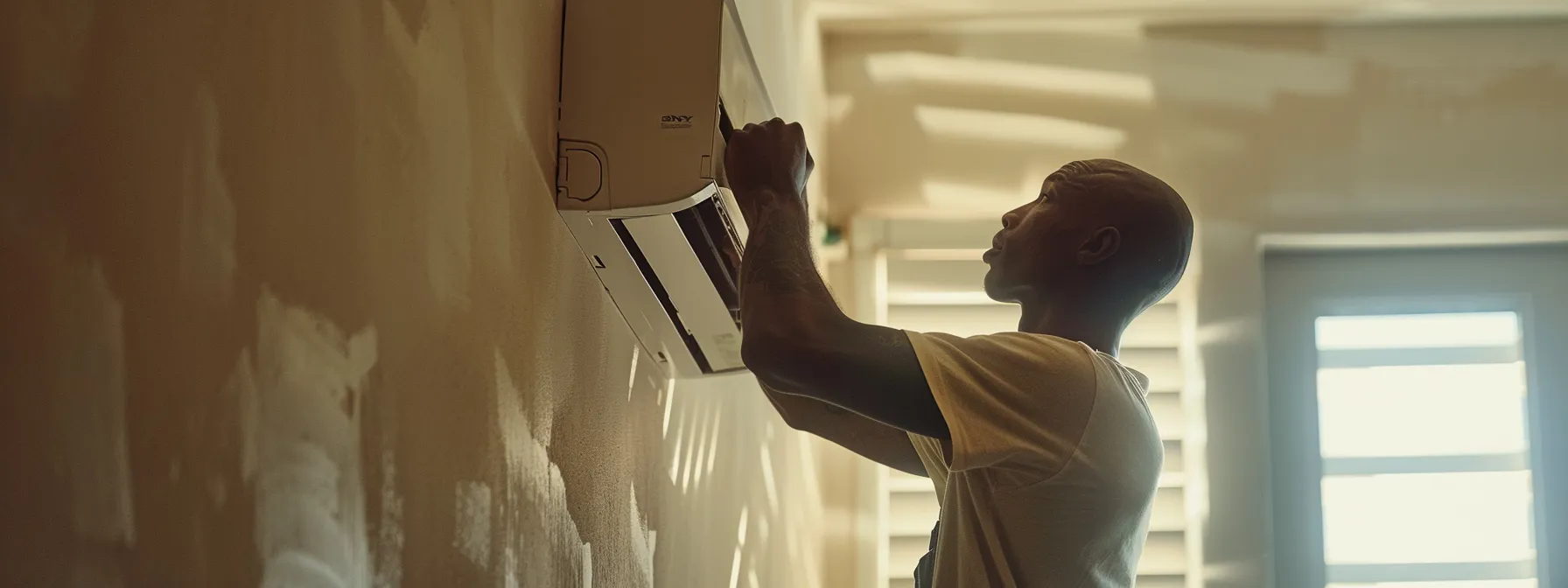 a skilled technician carefully mounting a sleek ductless ac unit on a freshly painted wall in a modern newark, nj home. a skilled technician carefully mounting a sleek ductless ac unit on a freshly painted wall in a modern newark, nj home.