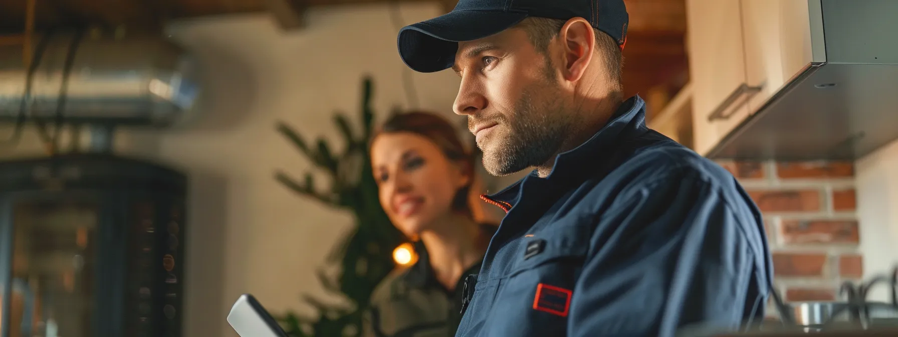 a technician in a branded uniform examining a well-maintained hvac system with a satisfied customer looking on in a cozy, warmly lit home. a technician in a branded uniform examining a well-maintained hvac system with a satisfied customer looking on in a cozy, warmly lit home.