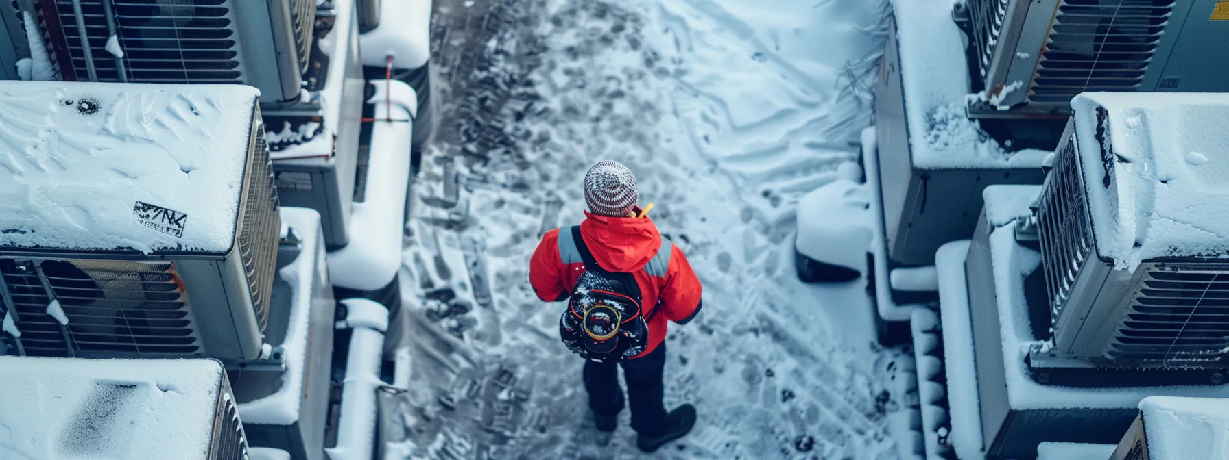 a technician inspecting a heat exchanger for cracks, surrounded by snowy outdoor hvac units, while carefully calibrating a thermostat. a technician inspecting a heat exchanger for cracks, surrounded by snowy outdoor hvac units, while carefully calibrating a thermostat.
