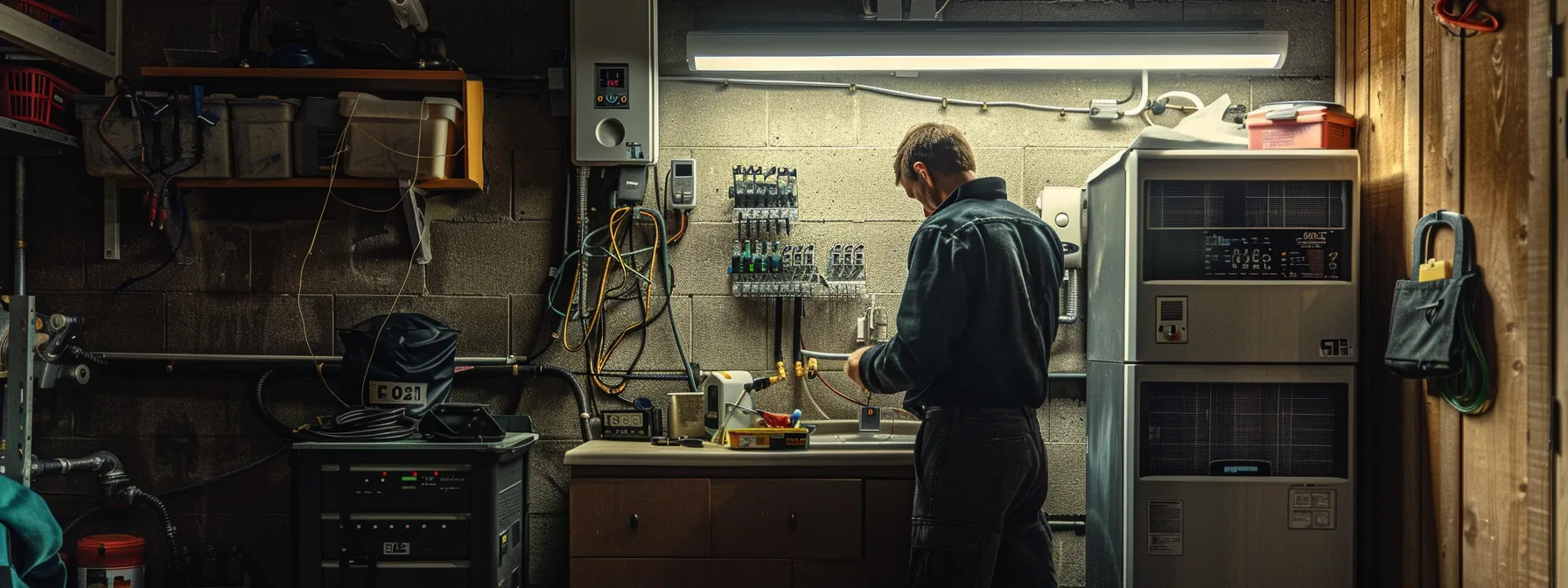 a technician inspecting an hvac system, replacing air filters and checking the smart thermostat, with tools and equipment neatly organized nearby. a technician inspecting an hvac system, replacing air filters and checking the smart thermostat, with tools and equipment neatly organized nearby.