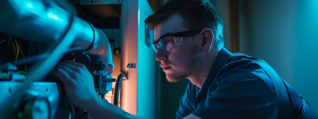 HVAC technician inspecting furnace components with focus on maintenance for efficient winter operation.