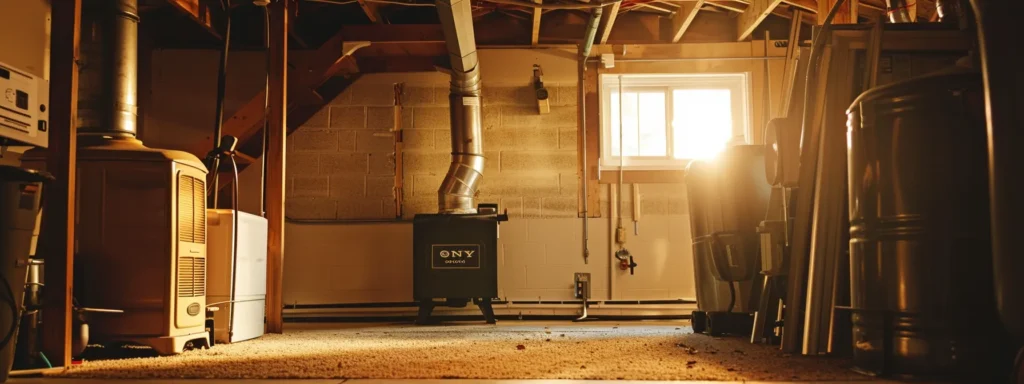 Basement interior with furnace and heating equipment, sunlight streaming through window, emphasizing furnace maintenance importance for Newark homeowners.
