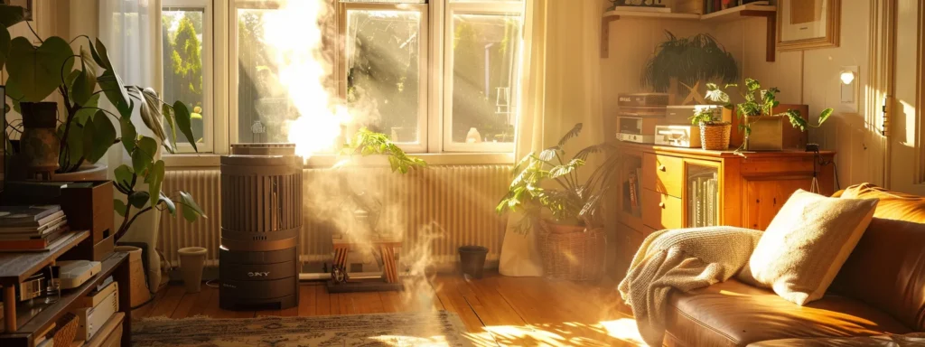 Cozy living room in Newark with a furnace, sunlight streaming through windows, and plants, illustrating warmth and comfort for winter maintenance tips.