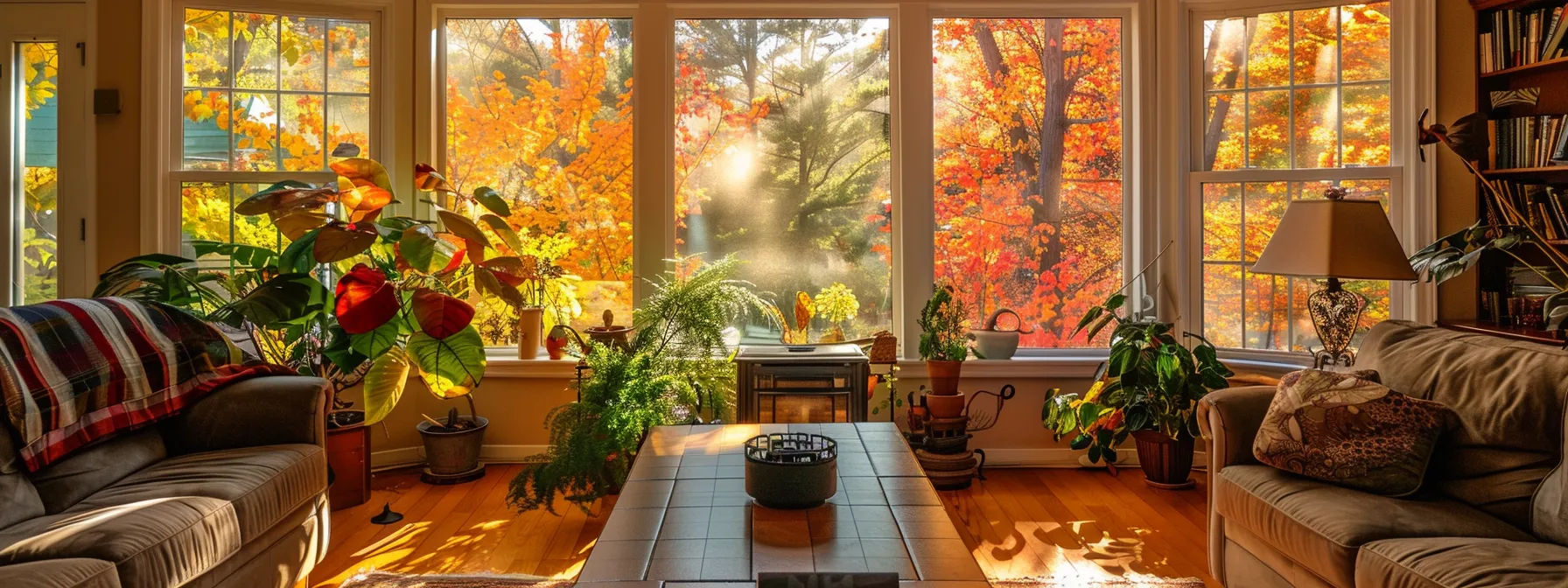 a warm and inviting living room displays a well-maintained furnace surrounded by autumn foliage and cozy furnishings, symbolizing seasonal preparation and home comfort. a warm and inviting living room displays a well-maintained furnace surrounded by autumn foliage and cozy furnishings, symbolizing seasonal preparation and home comfort.