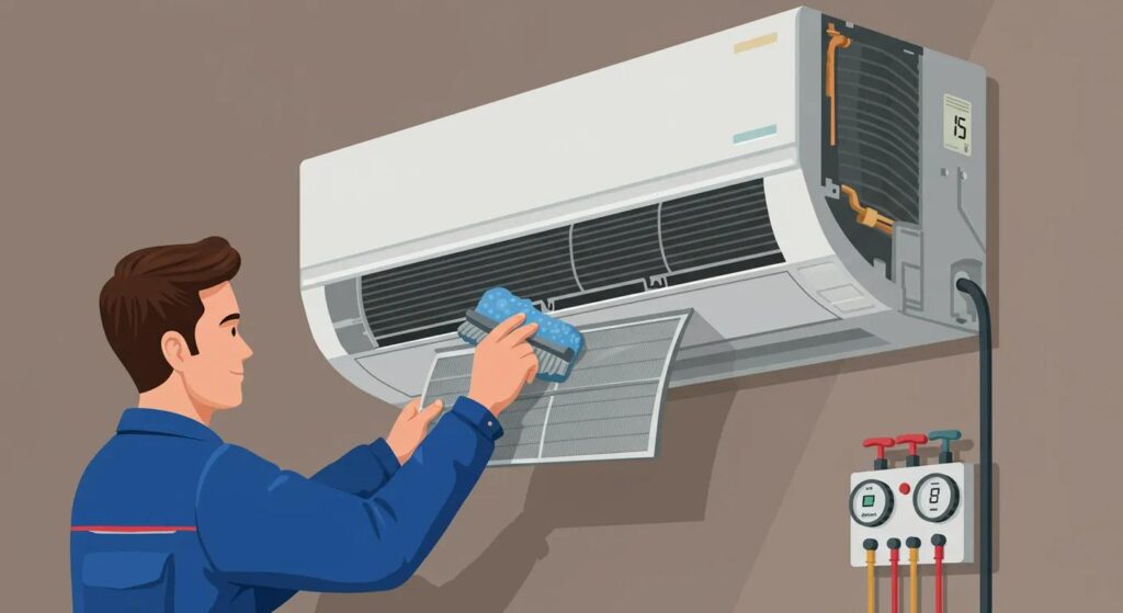 Technician cleaning air conditioning unit filter for HVAC maintenance, emphasizing air quality and comfort for Newark homeowners.