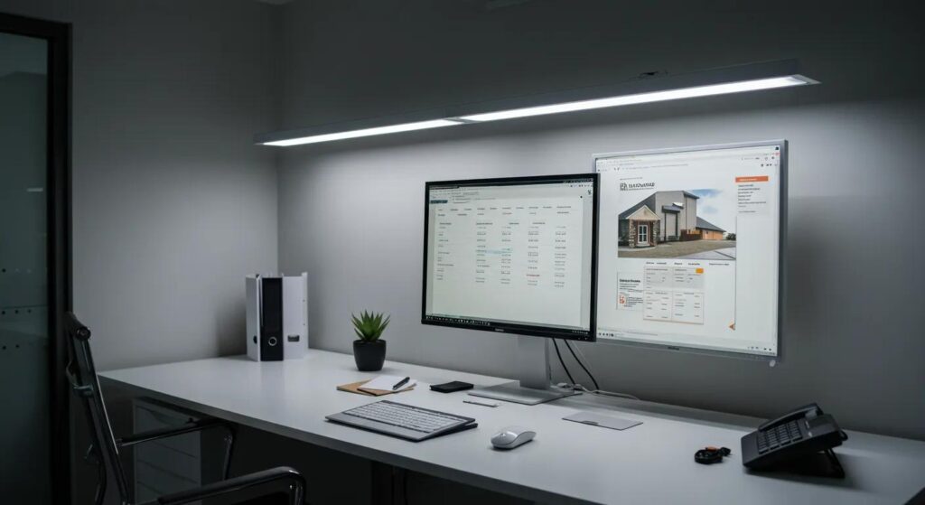 Modern office workspace with dual monitors displaying HVAC data and home design, keyboard, phone, and desk plant.