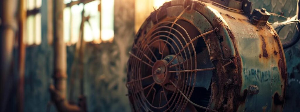 Old air conditioning unit with rusted fan and exposed wiring in a dimly lit environment, emphasizing the need for emergency AC repair services.