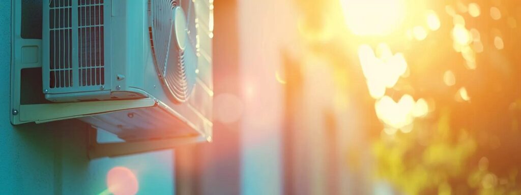 Air conditioning unit mounted on a wall, sunlight illuminating the scene, emphasizing the need for emergency AC repair during hot weather in Orange, NJ.