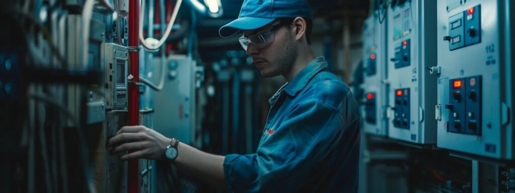 HVAC technician adjusting controls in a dimly lit service area, emphasizing air conditioning maintenance expertise for Newark homeowners.