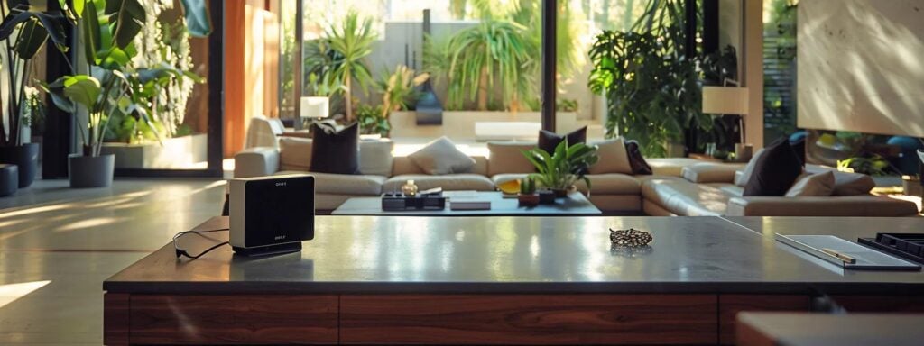 a modern, well-designed home interior showcases a sleek air quality monitor prominently displayed on a stylish countertop, with a warm, inviting ambiance emphasizing optimal comfort and a clean environment. a modern, well-designed home interior showcases a sleek air quality monitor prominently displayed on a stylish countertop, with a warm, inviting ambiance emphasizing optimal comfort and a clean environment.