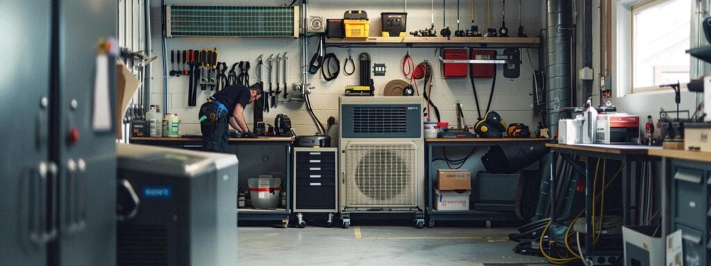 a modern, well-lit hvac maintenance workshop featuring a technician inspecting a sleek, innovative heating and cooling unit, with tools and safety gear neatly arranged on a workbench in the background, emphasizing the importance of system safety for households. a modern, well-lit hvac maintenance workshop featuring a technician inspecting a sleek, innovative heating and cooling unit, with tools and safety gear neatly arranged on a workbench in the background, emphasizing the importance of system safety for households.