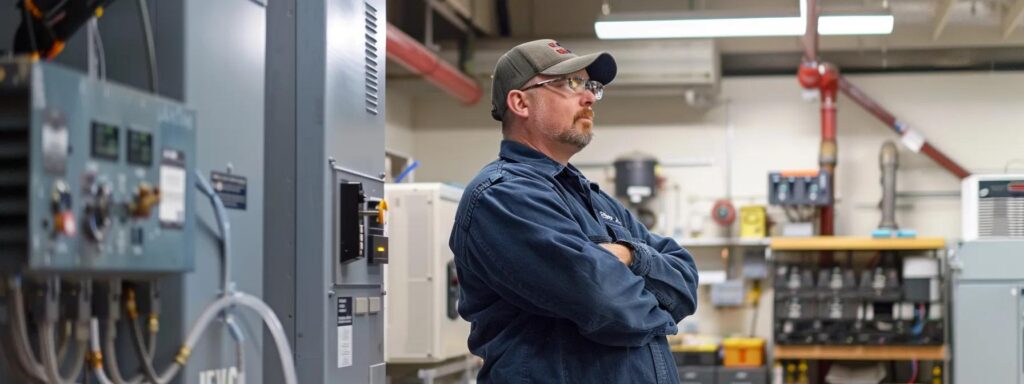 a polished office environment features a technician inspecting a high-efficiency hvac system, showcasing advanced tools and equipment in a well-maintained, sleek mechanical room bathed in artificial lighting. a polished office environment features a technician inspecting a high-efficiency hvac system, showcasing advanced tools and equipment in a well-maintained, sleek mechanical room bathed in artificial lighting.