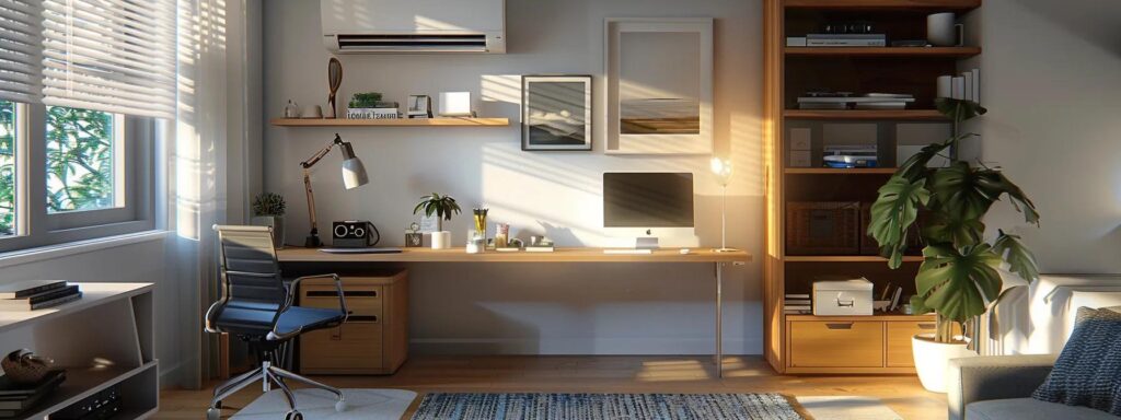 Modern home office with air conditioning unit, desk, computer, and plant, emphasizing efficient AC maintenance for Newark homeowners.