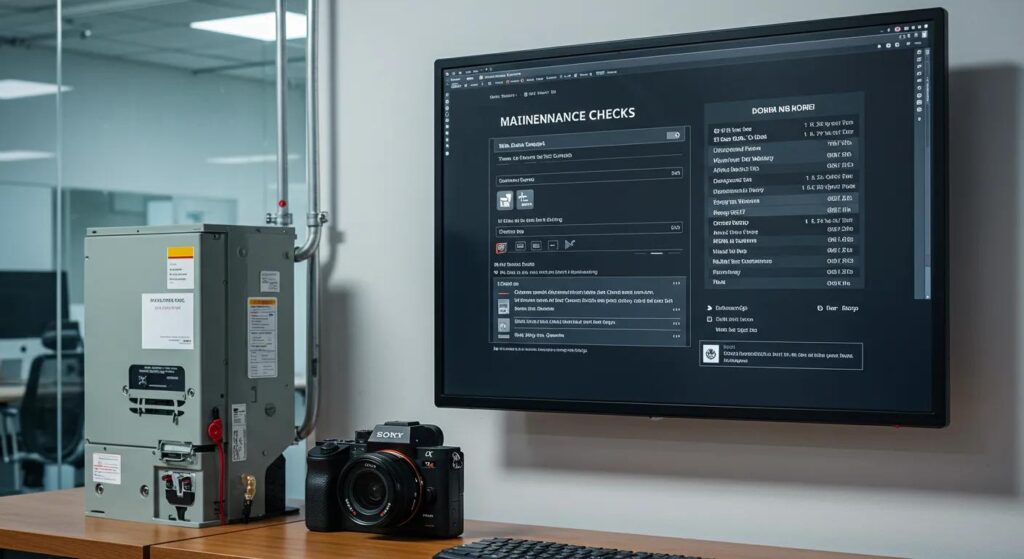 HVAC maintenance display with checklist on monitor, air conditioning unit on desk, and camera, emphasizing air conditioning maintenance for Newark homeowners.