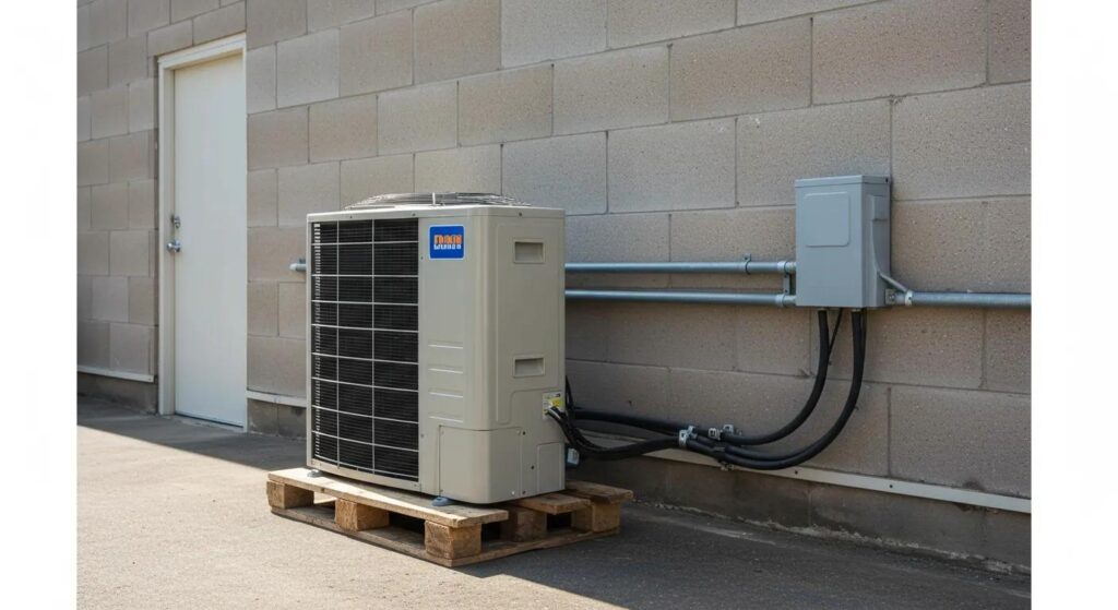 Air conditioning unit on a wooden pallet beside a wall, emphasizing HVAC maintenance for Newark homeowners.