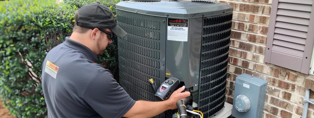 Technician performing emergency AC repair on outdoor air conditioning unit, emphasizing prompt service for urgent HVAC issues in residential settings.
