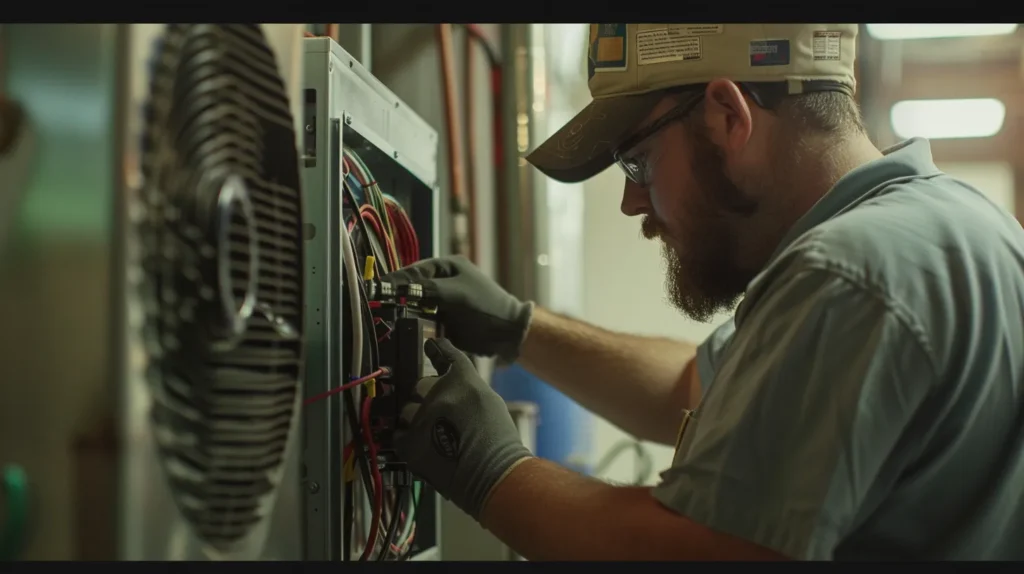 Technician repairing air conditioning unit, focusing on electrical connections and wiring, wearing gloves and safety glasses, in a service environment.