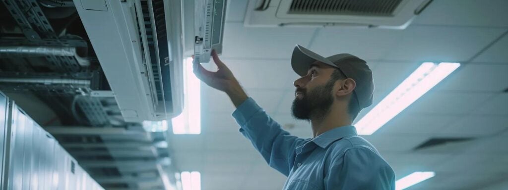 a professional technician in a modern newark office inspects a sleek, high-efficiency air conditioning unit using advanced diagnostic tools, illuminated by bright overhead lighting that highlights the precision of the repair process. a professional technician in a modern newark office inspects a sleek, high-efficiency air conditioning unit using advanced diagnostic tools, illuminated by bright overhead lighting that highlights the precision of the repair process.
