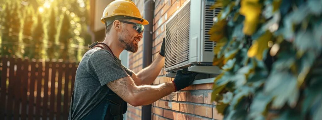 a technician working on air conditioning outer in the backyard