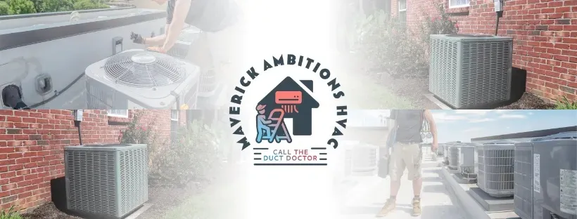 Maverick Ambitions HVAC logo with technician working on HVAC units, showcasing professional air conditioning services for efficient cooling solutions in Newark.