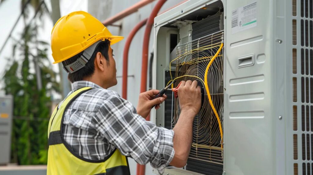 HVAC technician in safety gear working on air conditioning unit, highlighting professional installation services for efficient cooling solutions in Newark.