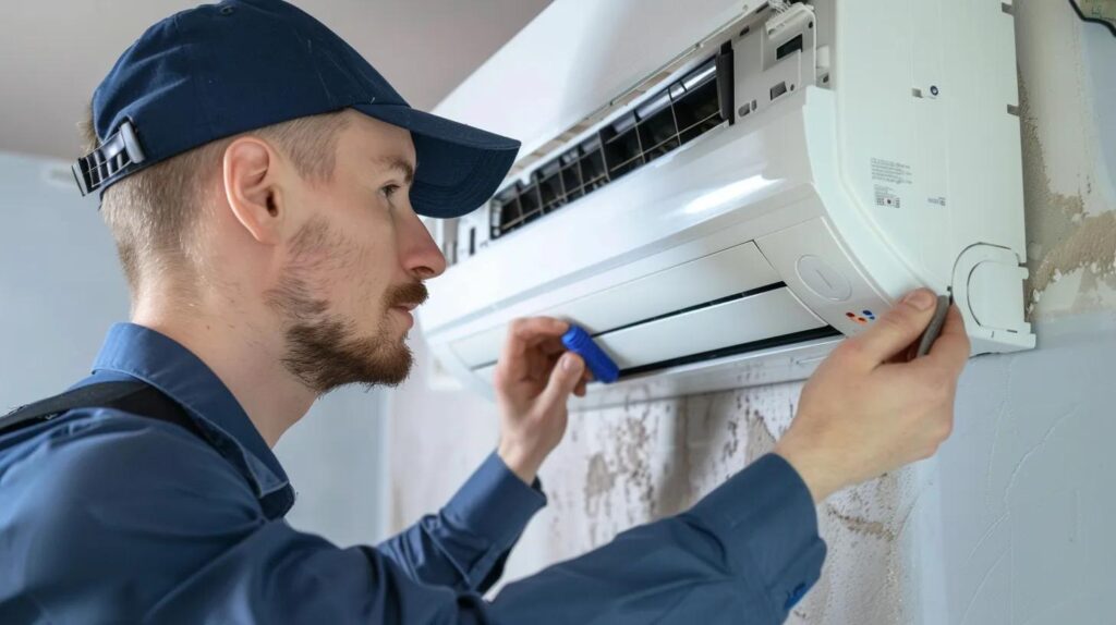 HVAC technician installing a wall-mounted air conditioning unit, ensuring precise calibration and efficiency for optimal indoor comfort.