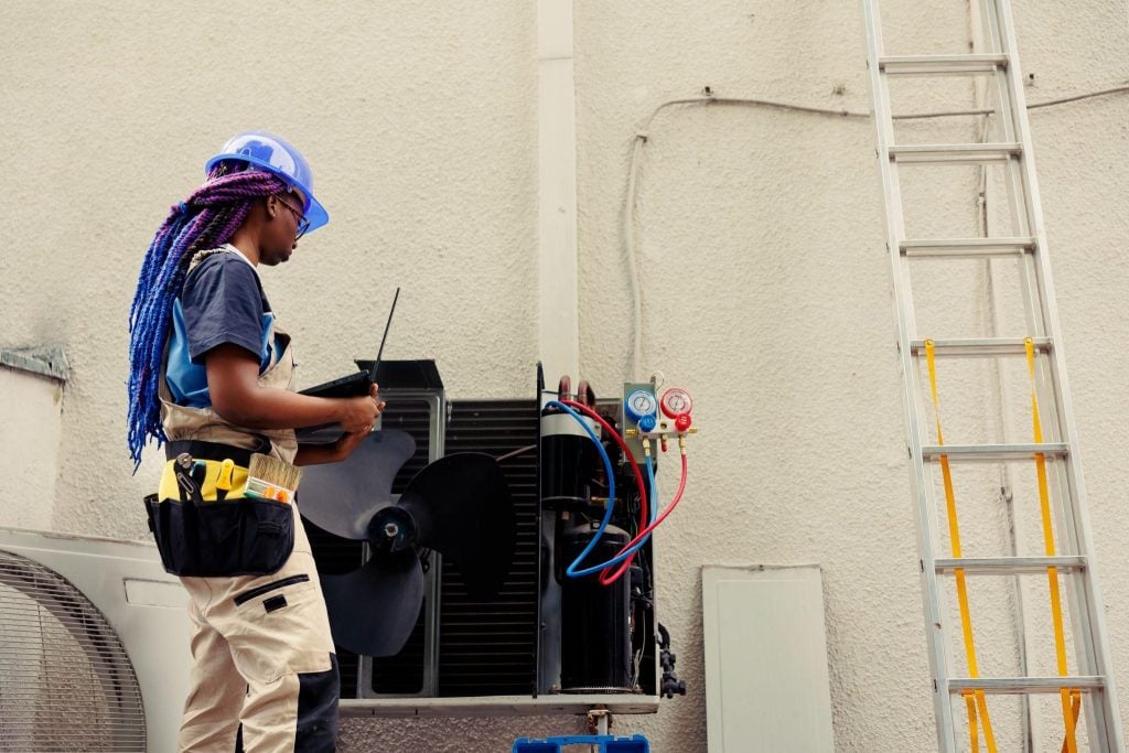 HVAC Technician performing seasonal HVAC tune-ups in Newark, New Jersey. The professional is inspecting the air conditioning unit with care.