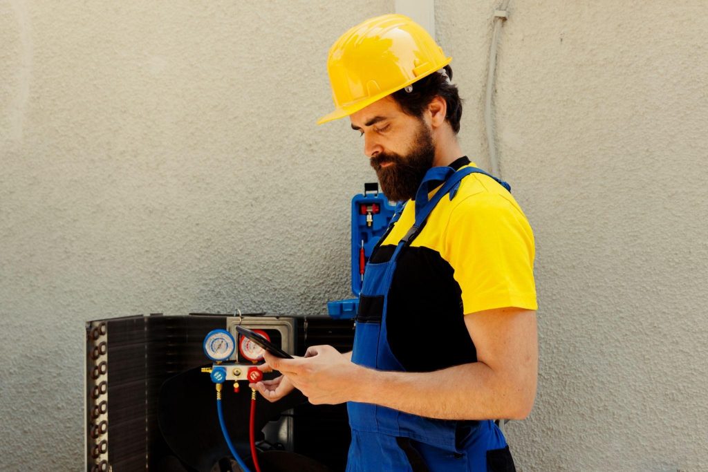 HVAC technician in Newark, New Jersey, performing seasonal HVAC tune-ups. He's checking readings on his tablet, optimizing system performance.