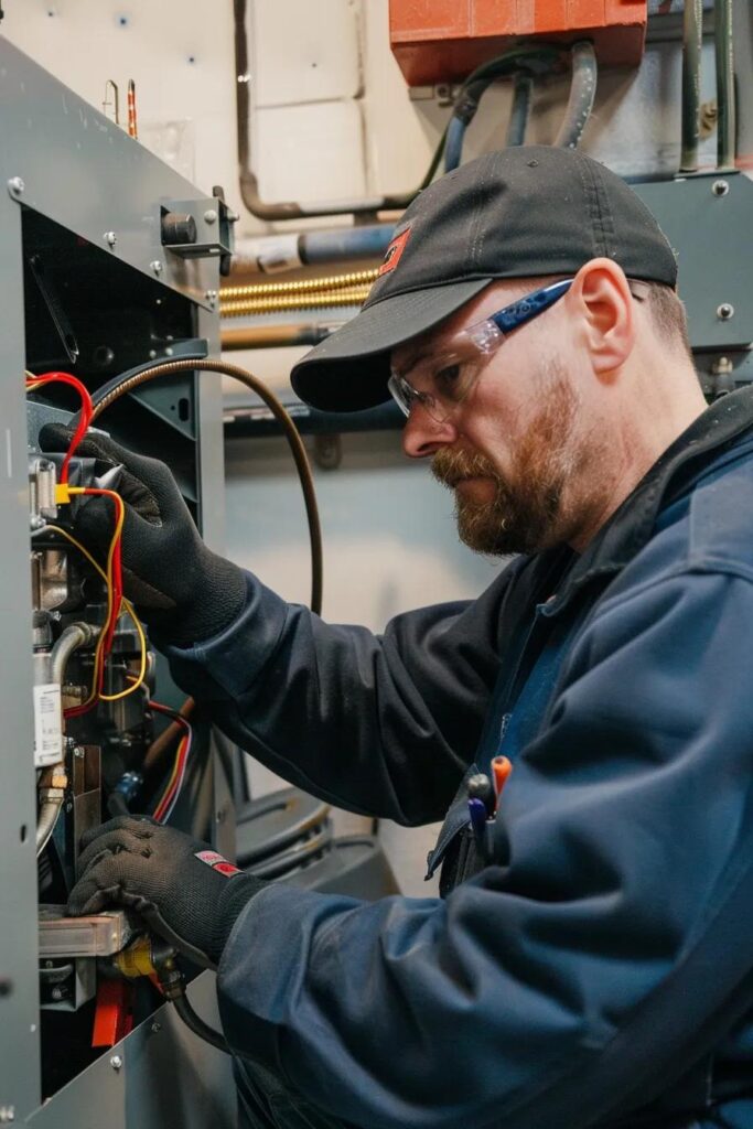 Technician performing maintenance on a furnace, inspecting electrical components and wiring, wearing gloves and safety glasses in a professional HVAC setting.
