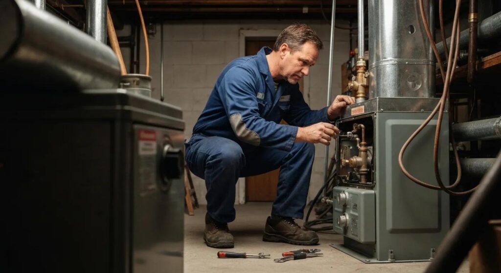 HVAC technician performing maintenance on a furnace in a basement setting, emphasizing seasonal upkeep for winter readiness.