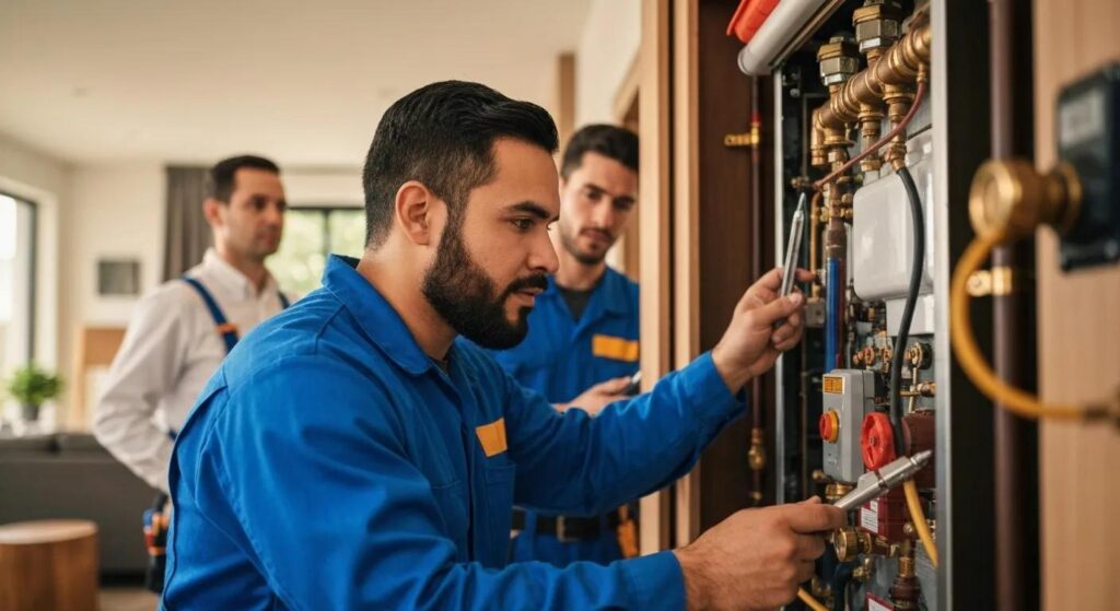HVAC technicians performing furnace maintenance, inspecting heating system components in a home setting, emphasizing professional service for Newark residents.