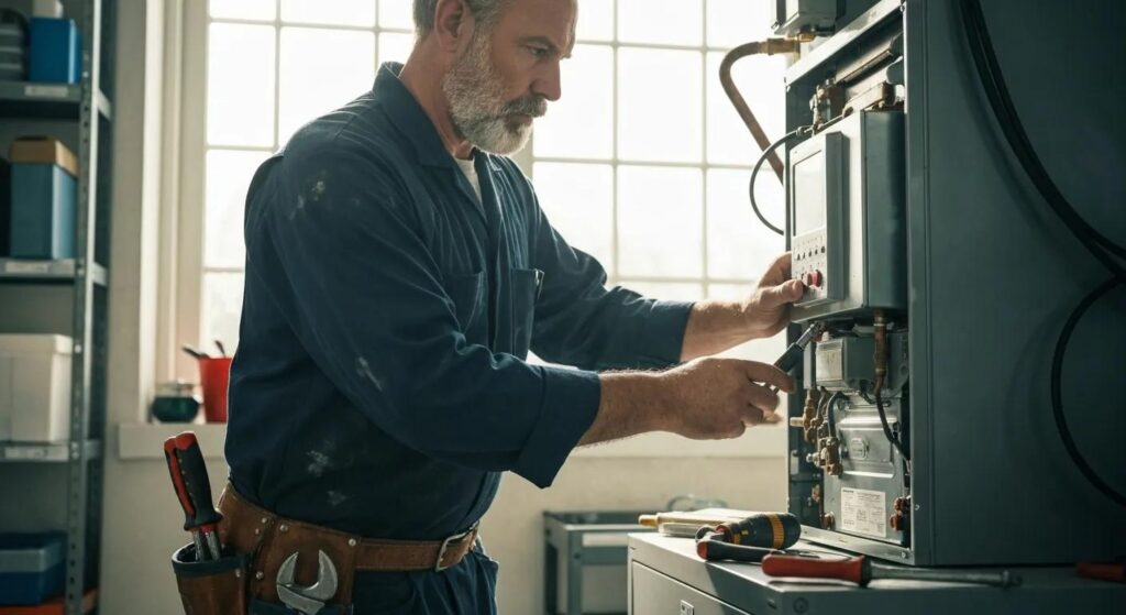 HVAC technician performing maintenance on a furnace, focusing on equipment repairs in a well-lit workshop, emphasizing the importance of regular tune-ups for efficiency and safety in Newark homes.