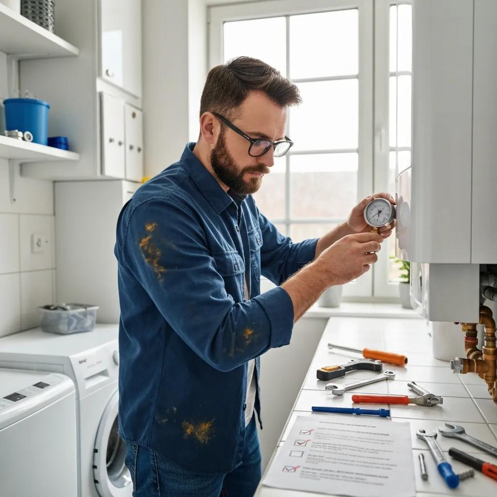 Homeowner checking boiler pressure gauge with a checklist and tools &mdash; safe DIY maintenance steps