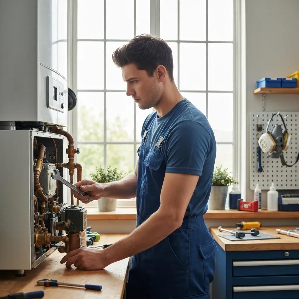 Technician repairing a boiler in a home setting, emphasizing emergency heating solutions