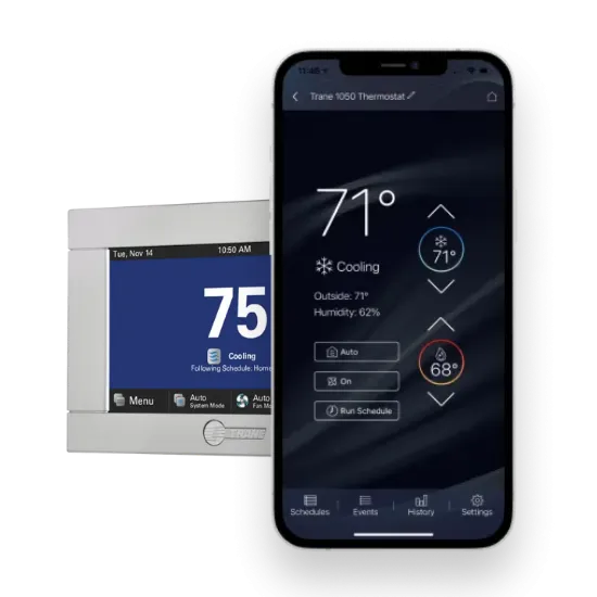 Smart thermostat display and mobile app interface for heating installation, showing temperature settings and scheduling options in Newark, New Jersey.