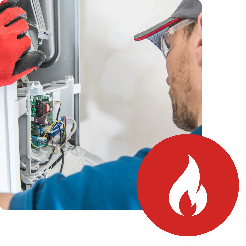 Boiler repair service: Technician inspecting a home heating system. Ensuring efficient heating and safety. Schedule your service in Newark, New Jersey.