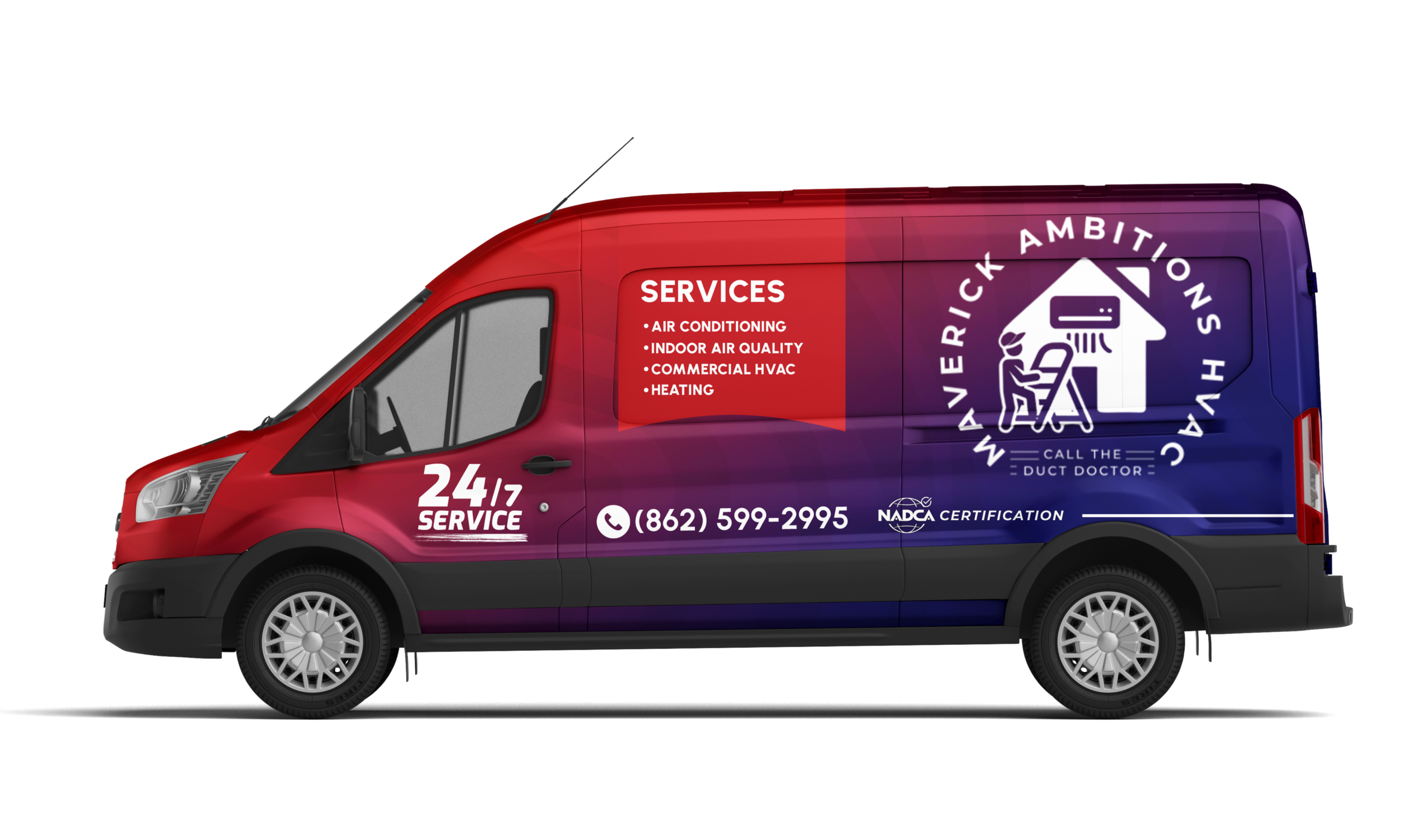 Maverick Ambitions HVAC service van showcasing 24/7 service availability, air conditioning, indoor air quality, commercial HVAC, and heating services, featuring the company logo and contact information.