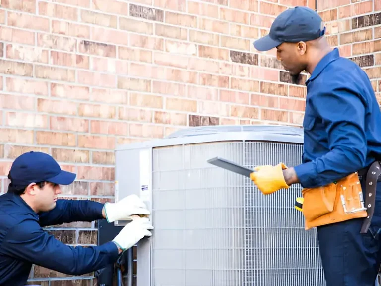 Maverick Ambitions HVAC technicians inspecting and repairing air conditioning unit in University Heights.